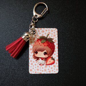 Strawberry Girl Metal Keychain, bag charm, car, tassel, backpack, fruit, berry